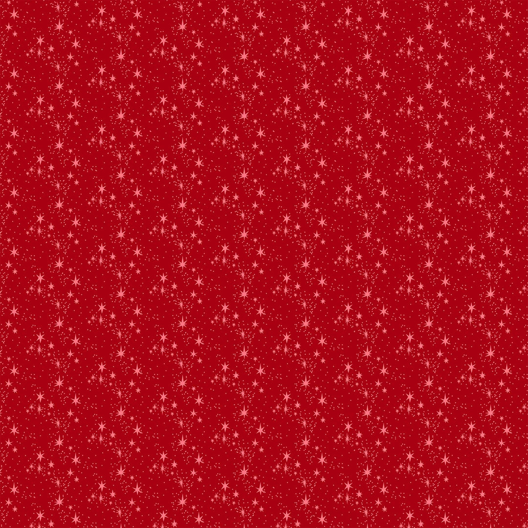 Cotton quilting fabric pattern called 'Stars in Red'. Part of the 'Merry Kitchmas' fabric collection. Designed by Louise Pretzel for fabric company Figo Fabrics. SKU: 90672-26. 44-45 inch width.