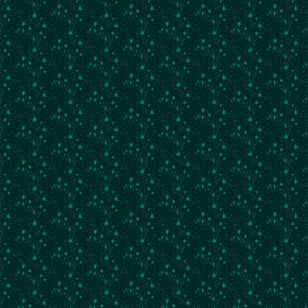 Cotton quilting fabric pattern called 'Stars in Green'. Part of the 'Merry Kitchmas' fabric collection. Designed by Louise Pretzel for fabric company Figo Fabrics. SKU: 90672-79. 44-45 inch width.