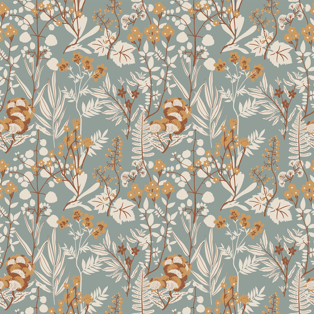 Cotton quilting fabric pattern called 'Wild Flowers in Blue Multi'. Part of the 'Wild Cottage' fabric collection. Designed by Holli Zollinger for fabric company Figo Fabrics. SKU: 90699-40. 44-45 inch width.