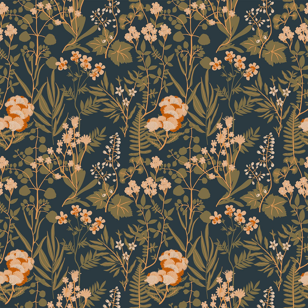 Cotton quilting fabric pattern called 'Wild Flowers in Navy Multi'. Part of the 'Wild Cottage' fabric collection. Designed by Holli Zollinger for fabric company Figo Fabrics. SKU: 90699-48. 44-45 inch width.