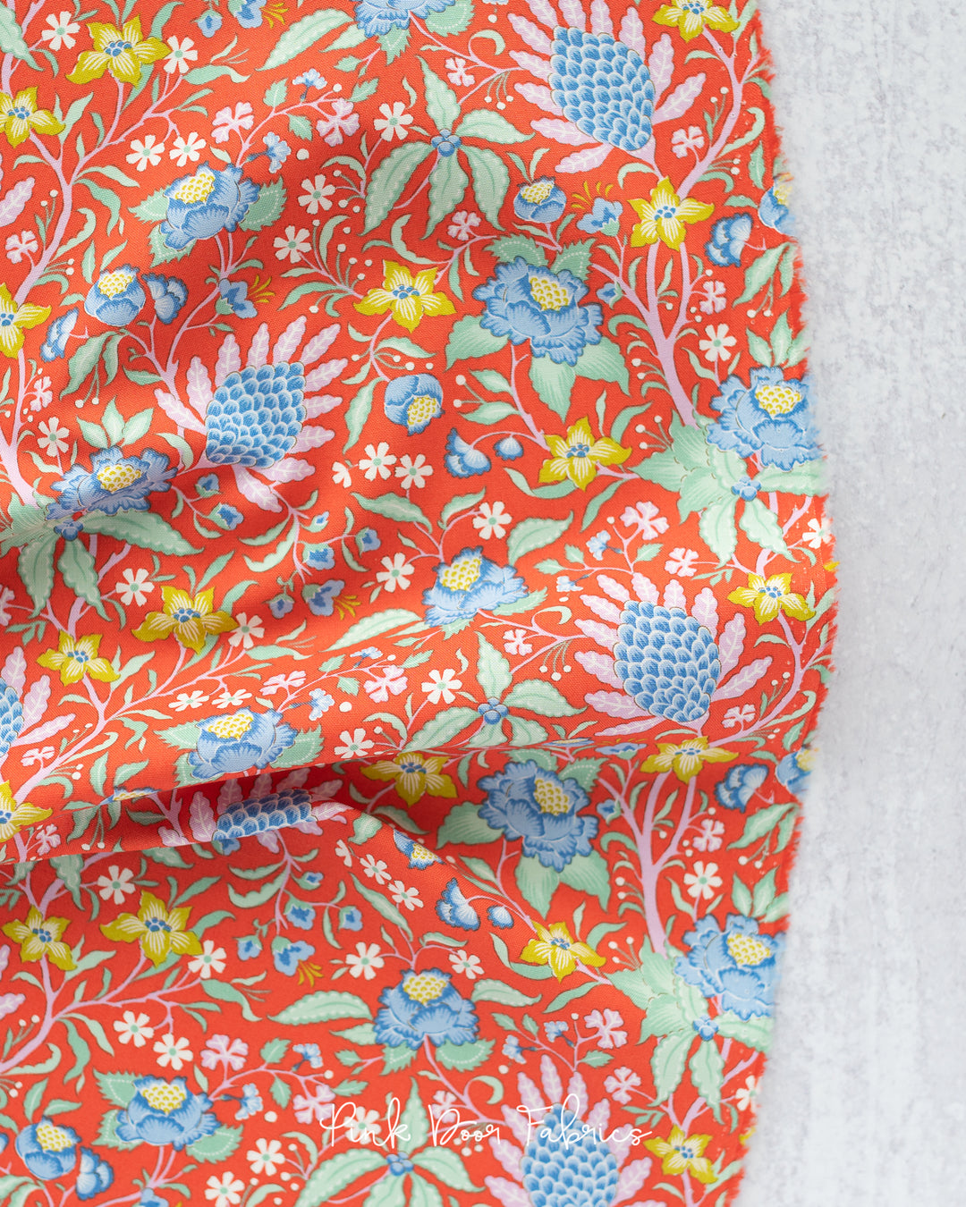 Cotton quilting fabric pattern called 'Flowertangle in Persimmon'. Part of the 'Bloomsville' fabric collection. Designed by Tilda Fabrics for fabric company Tilda Fabrics. SKU: 100505. 44-45 inch width.