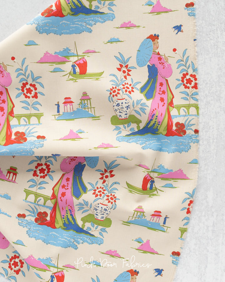 Cotton quilting fabric pattern called 'Garden Vista in Dove'. Part of the 'Bloomsville' fabric collection. Designed by Tilda Fabrics for fabric company Tilda Fabrics. SKU: 100507. 44-45 inch width.