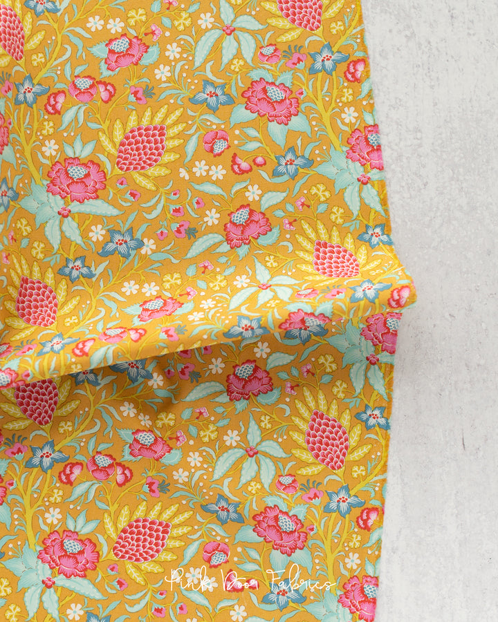 Cotton quilting fabric pattern called 'Flowertangle in Mustard'. Part of the 'Bloomsville' fabric collection. Designed by Tilda Fabrics for fabric company Tilda Fabrics. SKU: 100516. 44-45 inch width.