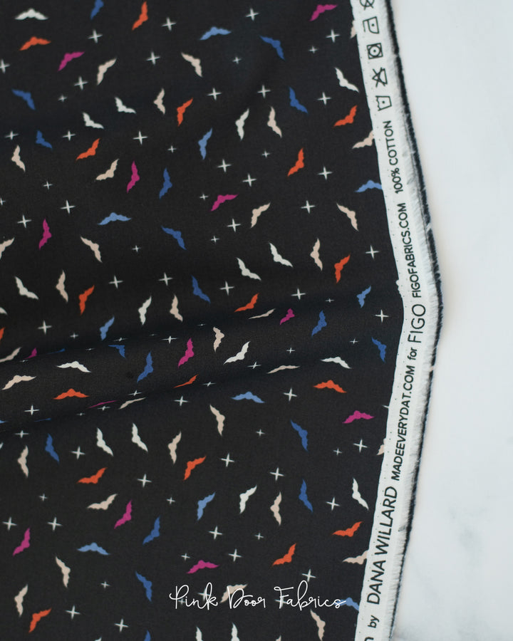 Cotton quilting fabric pattern called 'Ditsy Bats in Black'. Part of the 'GhostTown' fabric collection. Designed by Dana Willard for fabric company Figo Fabrics. SKU: 90518-99. 44-45 inch width.