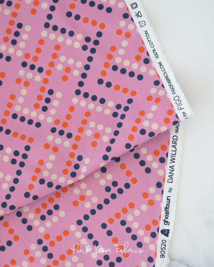 Cotton quilting fabric pattern called 'Dots in Pink'. Part of the 'GhostTown' fabric collection. Designed by Dana Willard for fabric company Figo Fabrics. SKU: 90520-21. 44-45 inch width.