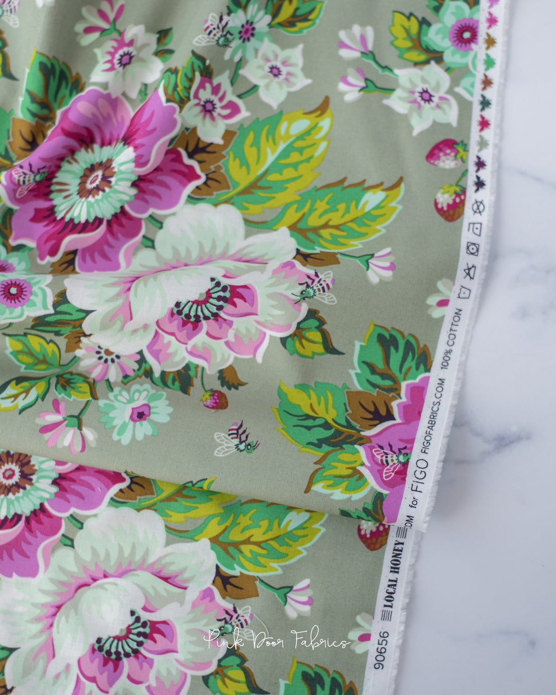 Cotton quilting fabric pattern called 'Summertime in Dove'. Part of the 'Local Honey' fabric collection. Designed by Heather Bailey for fabric company Figo Fabrics. SKU: 90656-70. 44-45 inch width.