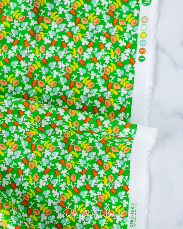 Cotton quilting fabric pattern called 'Calico in Green'. Part of the 'Lucky Rabbit' fabric collection. Designed by Heather Ross for fabric company Windham Fabrics. SKU: 37027A-6. 44-45 inch width.