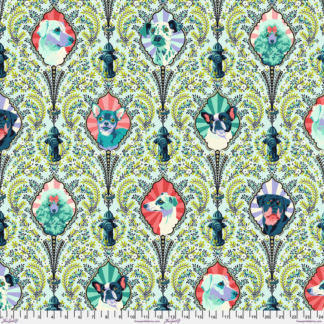 Cotton quilting fabric pattern called 'Puppy Dog Eyes in Bluebell'. Part of the 'Besties' fabric collection. Designed by Tula Pink for fabric company Free Spirit Fabrics. SKU: PWTP213.BLUEBELL. 44-45 inch width.