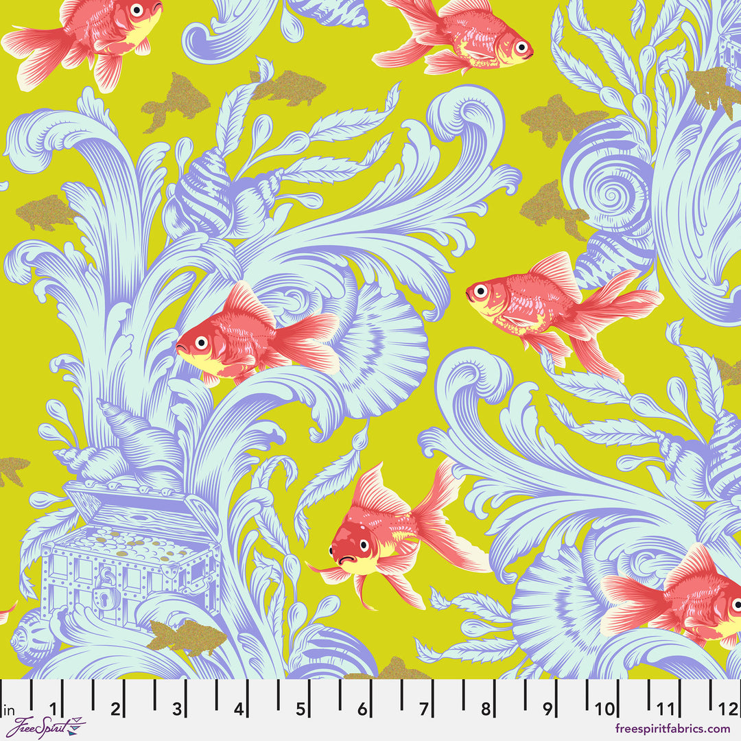 Cotton quilting fabric pattern called 'Treading Water in Clover'. Part of the 'Besties' fabric collection. Designed by Tula Pink for fabric company Free Spirit Fabrics. SKU: PWTP214.CLOVER. 44-45 inch width.