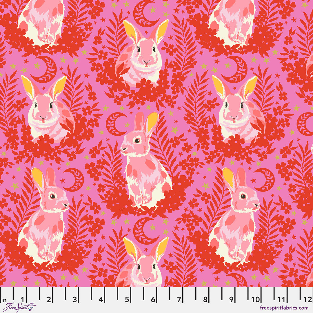 Cotton quilting fabric pattern called 'Hop To It in Blossom'. Part of the 'Besties' fabric collection. Designed by Tula Pink for fabric company Free Spirit Fabrics. SKU: PWTP215.BLOSSOM. 44-45 inch width.