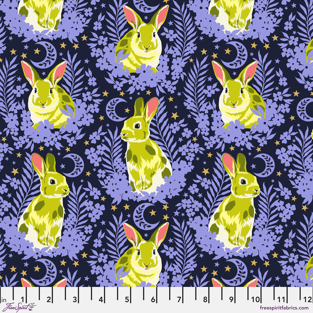 Cotton quilting fabric pattern called 'Hop To It in Bluebell'. Part of the 'Besties' fabric collection. Designed by Tula Pink for fabric company Free Spirit Fabrics. SKU: PWTP215.BLUEBELL. 44-45 inch width.