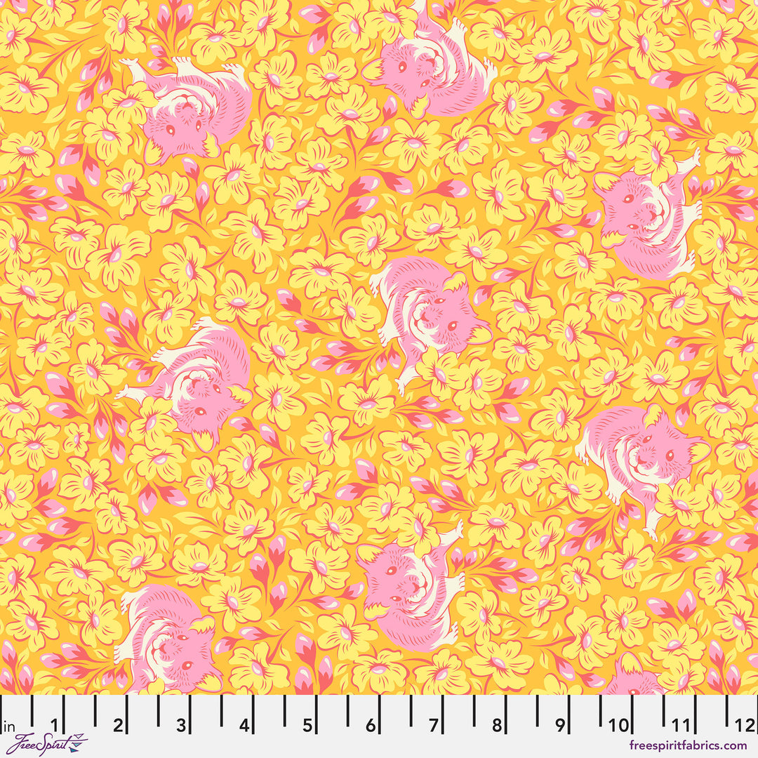 Cotton quilting fabric pattern called 'Chubby Cheeks in Buttercup'. Part of the 'Besties' fabric collection. Designed by Tula Pink for fabric company Free Spirit Fabrics. SKU: PWTP218.BUTTERCUP. 44-45 inch width.