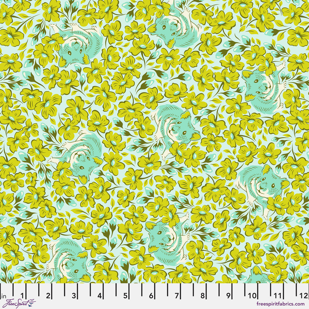 Cotton quilting fabric pattern called 'Chubby Cheeks in Clover'. Part of the 'Besties' fabric collection. Designed by Tula Pink for fabric company Free Spirit Fabrics. SKU: PWTP218.CLOVER. 44-45 inch width.