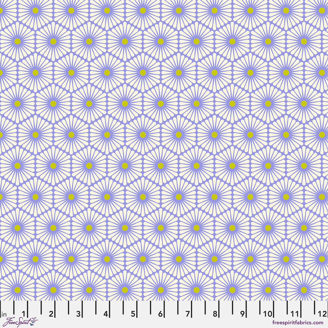 Cotton quilting fabric pattern called 'Daisy Chain in Bluebell'. Part of the 'Besties' fabric collection. Designed by Tula Pink for fabric company Free Spirit Fabrics. SKU: PWTP220.BLUEBELL. 44-45 inch width.