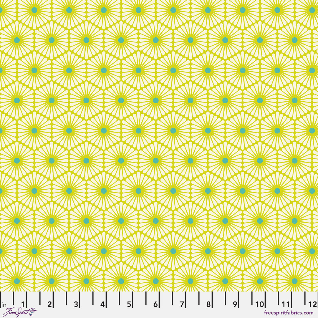 Cotton quilting fabric pattern called 'Daisy Chain in Clover'. Part of the 'Besties' fabric collection. Designed by Tula Pink for fabric company Free Spirit Fabrics. SKU: PWTP220.CLOVER. 44-45 inch width.