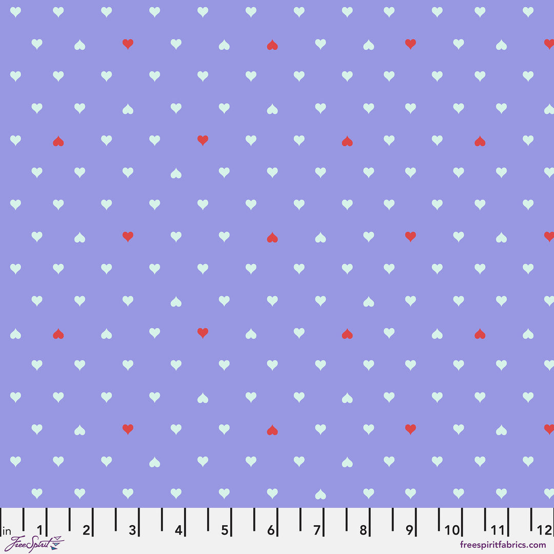 Cotton quilting fabric pattern called 'Unconditional Love in Bluebell'. Part of the 'Besties' fabric collection. Designed by Tula Pink for fabric company Free Spirit Fabrics. SKU: PWTP221.BLUEBELL. 44-45 inch width.