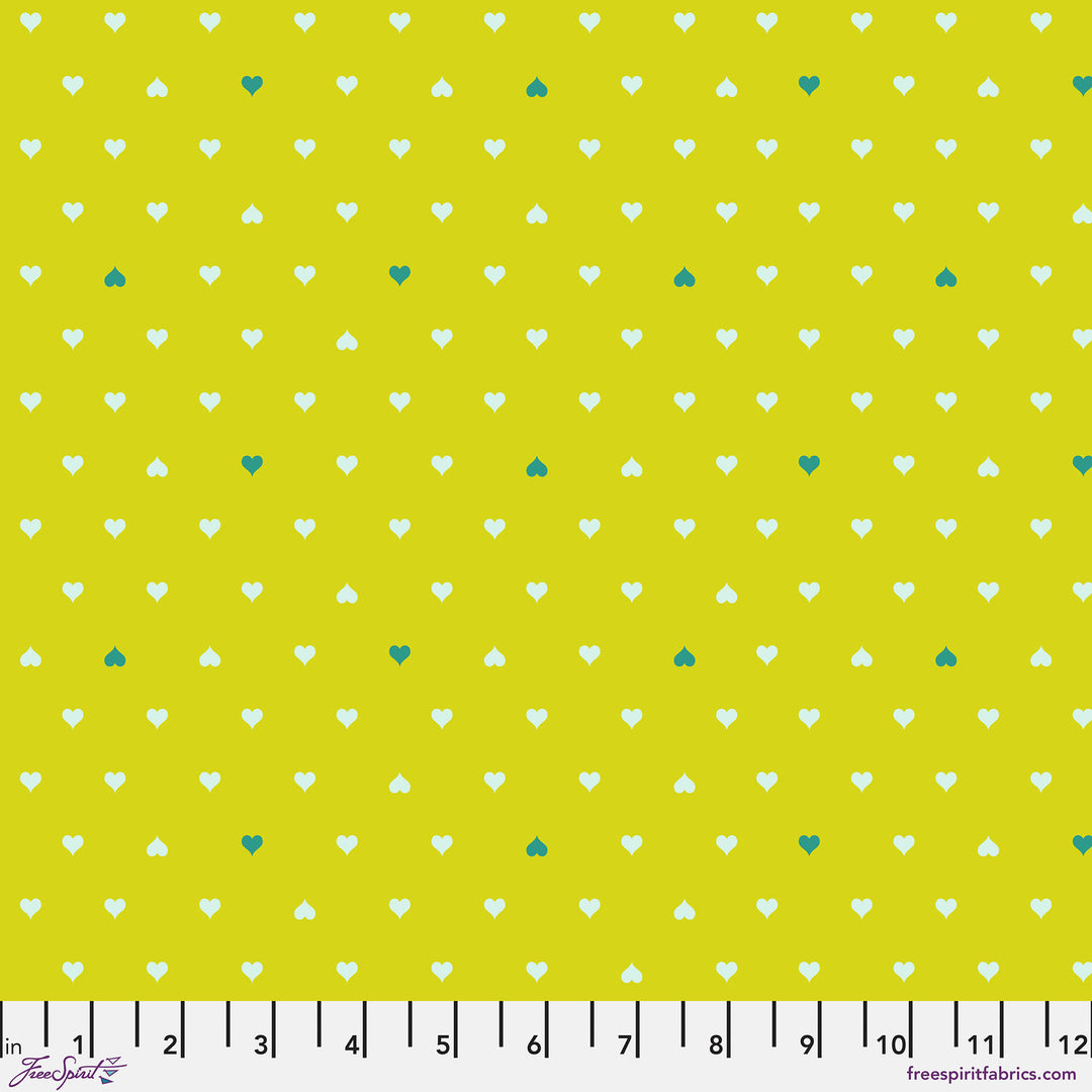 Cotton quilting fabric pattern called 'Unconditional Love in Clover'. Part of the 'Besties' fabric collection. Designed by Tula Pink for fabric company Free Spirit Fabrics. SKU: PWTP221.CLOVER. 44-45 inch width.