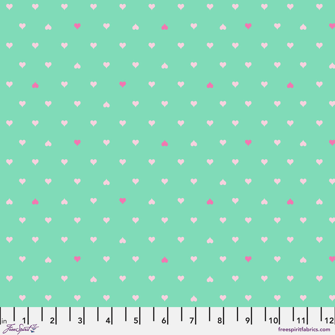 Cotton quilting fabric pattern called 'Unconditional Love in Meadow'. Part of the 'Besties' fabric collection. Designed by Tula Pink for fabric company Free Spirit Fabrics. SKU: PWTP221.MEADOW. 44-45 inch width.