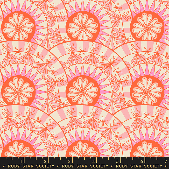 Cotton quilting fabric pattern called 'Hibiscus in Balmy'. Part of the 'Camellia' fabric collection. Designed by Melody Miller for fabric company Moda Fabrics. SKU: RS0031-11. 44-45 inch width.