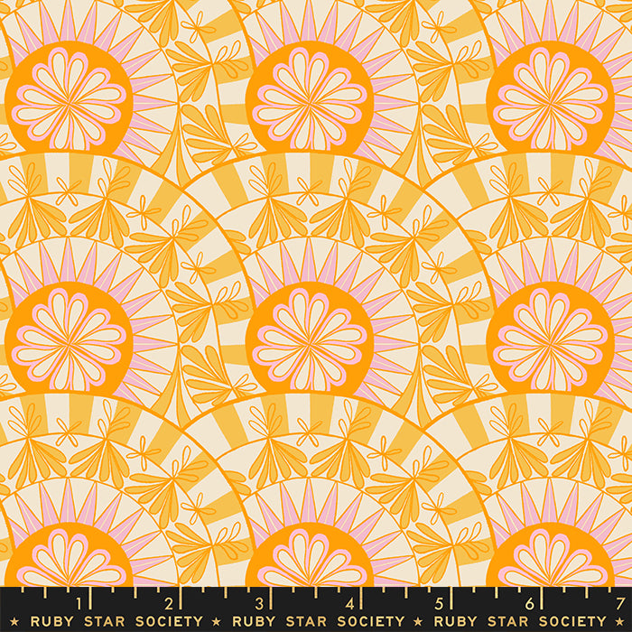 Cotton quilting fabric pattern called 'Hibiscus in Bananas'. Part of the 'Camellia' fabric collection. Designed by Melody Miller for fabric company Moda Fabrics. SKU: RS0031-12. 44-45 inch width.