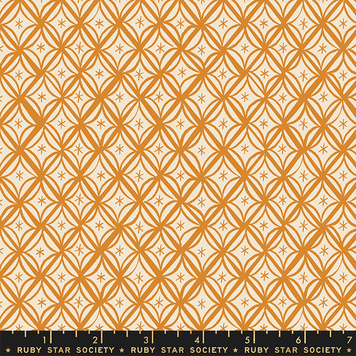 Cotton quilting fabric pattern called 'Macrame in Caramel'. Part of the 'Camellia' fabric collection. Designed by Melody Miller for fabric company Moda Fabrics. SKU: RS0034-14. 44-45 inch width.