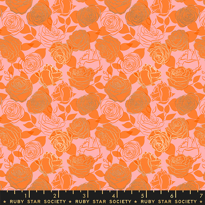 Cotton quilting fabric pattern called 'Roses in Balmy'. Part of the 'Curio' fabric collection. Designed by Melody Miller for fabric company Moda Fabrics. SKU: RS0063 13M. 44-45 inch width.