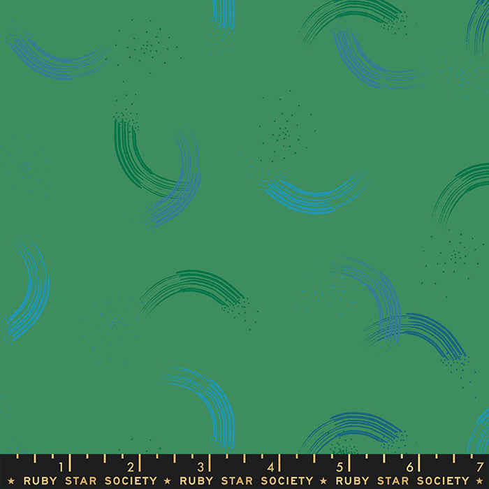 Cotton quilting fabric pattern called 'Twirl in Emerald'. Part of the 'Jolly Basics' fabric collection. Designed by Ruby Star Society for fabric company Moda Fabrics. SKU: RS2065 15. 44-45 inch width.