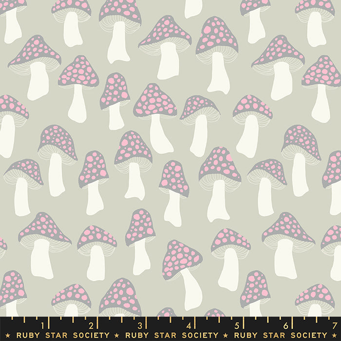 Cotton quilting fabric pattern called 'Mushrooms in Ash'. Part of the 'Firefly' fabric collection. Designed by Sarah Watts for fabric company Moda Fabrics. SKU: RS2072-11. 44-45 inch width.