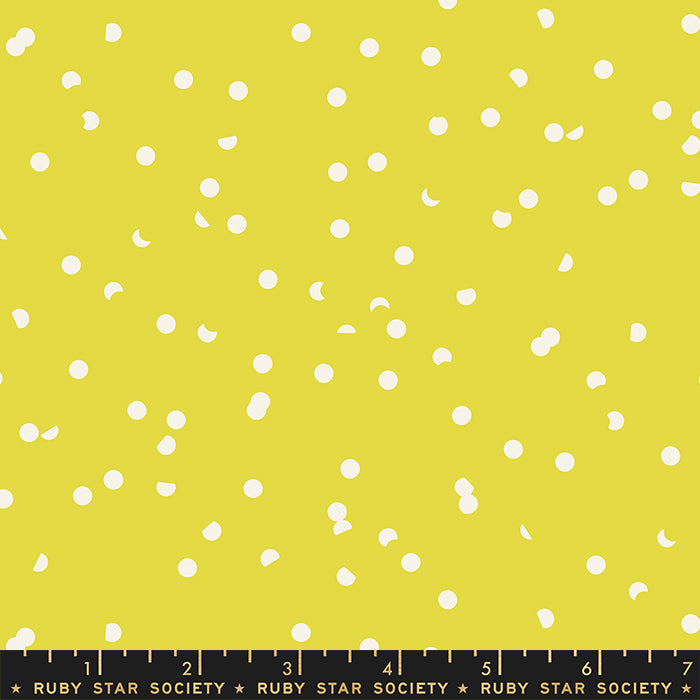 Cotton quilting fabric pattern called 'Hole Punch Dot in Citron'. Part of the 'Jolly Basics' fabric collection. Designed by Ruby Star Society for fabric company Moda Fabrics. SKU: RS3025 39. 44-45 inch width.