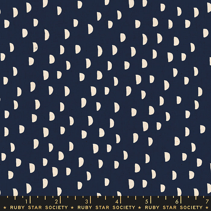 Cotton quilting fabric pattern called 'Moons in Navy'. Part of the 'Heirloom' fabric collection. Designed by Alexia Abegg for fabric company Moda Fabrics. SKU: RS4028 14. 44-45 inch width.