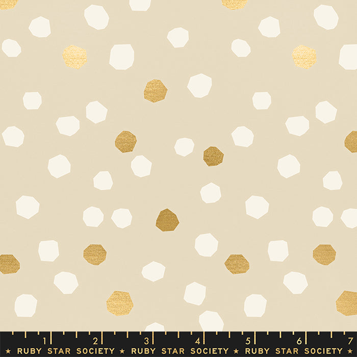 Cotton quilting fabric pattern called 'Chunky Dots in Sandbox'. Part of the 'First Light' fabric collection. Designed by Rashida Coleman Hale for fabric company Moda Fabrics. SKU: RS5048-11M. 44-45 inch width.