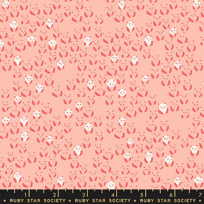 Cotton quilting fabric pattern called 'Panda Bebe in Peach Blossom'. Part of the 'Darlings 2' fabric collection. Designed by Ruby Star Society for fabric company Moda Fabrics. SKU: RS5062 13. 44-45 inch width.