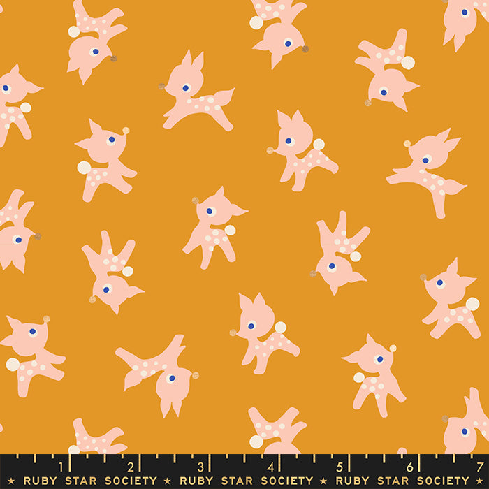 Cotton quilting fabric pattern called 'Little Deer in Honey'. Part of the 'Jolly Darlings' fabric collection. Designed by Ruby Star Society for fabric company Moda Fabrics. SKU: RS5085 11M. 44-45 inch width.