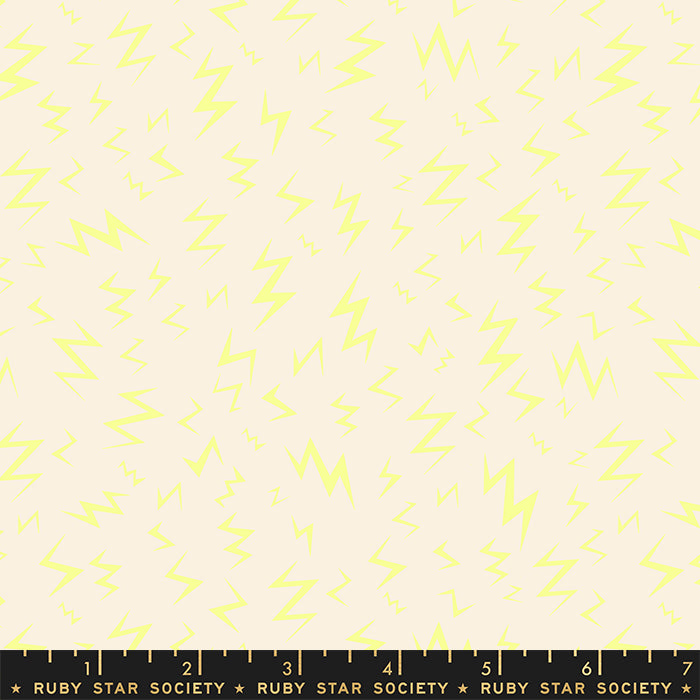 Cotton quilting fabric pattern called 'Lightning in Neon Yellow'. Part of the 'Tiny Frights' fabric collection. Designed by Ruby Star Society for fabric company Moda Fabrics. SKU: RS5116 13. 44-45 inch width.