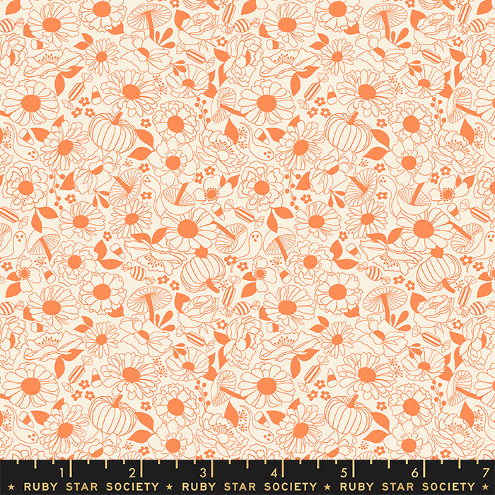 Cotton quilting fabric pattern called 'Halloween Floral in Pumpkin'. Part of the 'Tiny Frights' fabric collection. Designed by Ruby Star Society for fabric company Moda Fabrics. SKU: RS5117 12. 44-45 inch width.