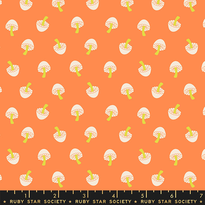 Cotton quilting fabric pattern called 'Tiny Mushrooms in Pumpkin'. Part of the 'Tiny Frights' fabric collection. Designed by Ruby Star Society for fabric company Moda Fabrics. SKU: RS5118 13. 44-45 inch width.