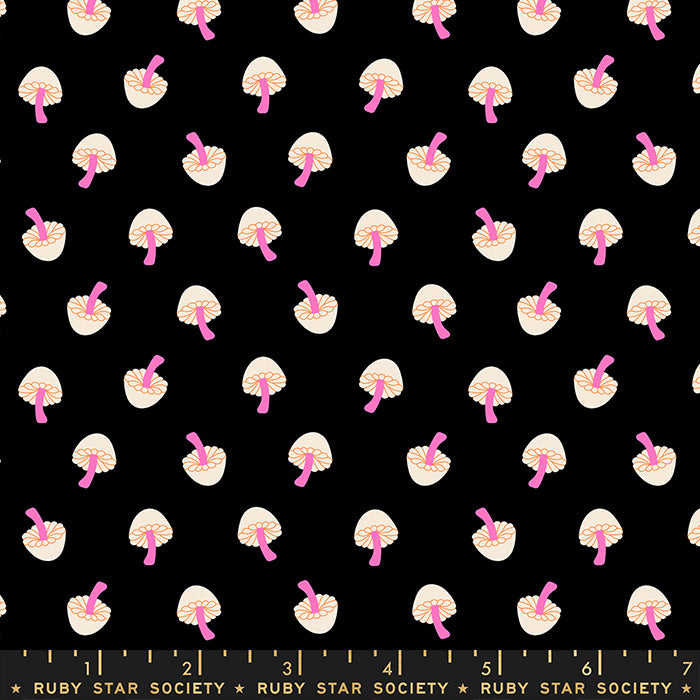 Cotton quilting fabric pattern called 'Tiny Mushrooms in Black'. Part of the 'Tiny Frights' fabric collection. Designed by Ruby Star Society for fabric company Moda Fabrics. SKU: RS5118 15. 44-45 inch width.