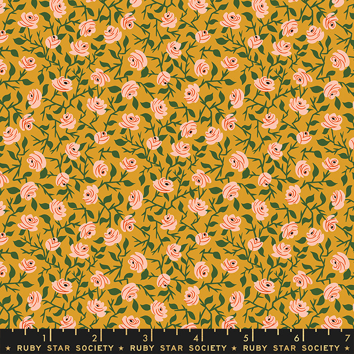 Cotton quilting fabric pattern called 'Brambling Rose in Cactus'. Part of the 'Tiny Frights' fabric collection. Designed by Ruby Star Society for fabric company Moda Fabrics. SKU: RS5119 12. 44-45 inch width.