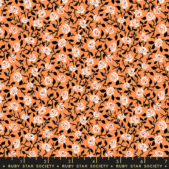 Cotton quilting fabric pattern called 'Brambling Rose in Pumpkin'. Part of the 'Tiny Frights' fabric collection. Designed by Ruby Star Society for fabric company Moda Fabrics. SKU: RS5119 13. 44-45 inch width.