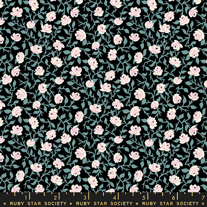 Cotton quilting fabric pattern called 'Brambling Rose in Black'. Part of the 'Tiny Frights' fabric collection. Designed by Ruby Star Society for fabric company Moda Fabrics. SKU: RS5119 16. 44-45 inch width.