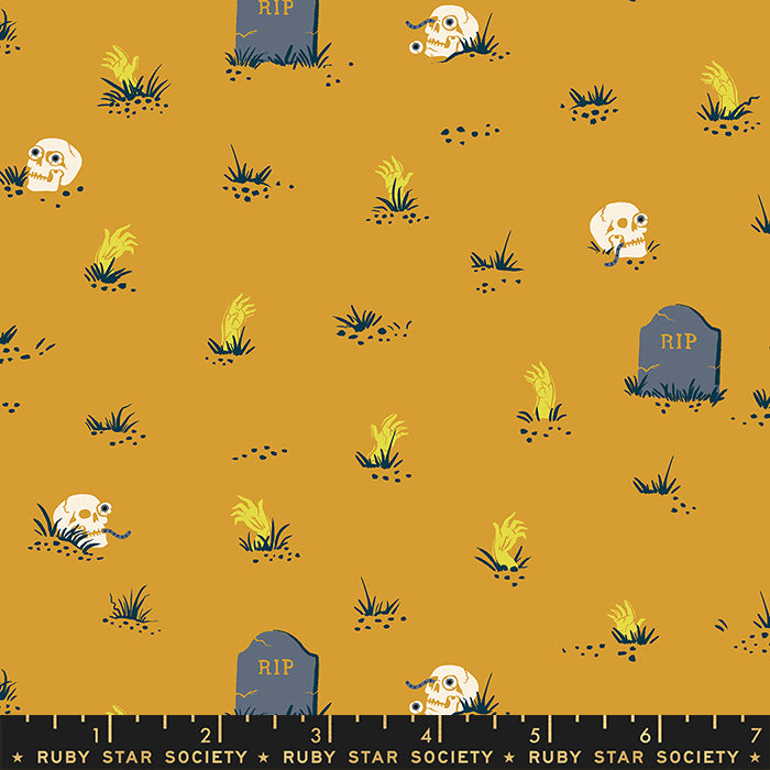 Cotton quilting fabric pattern called 'Graveyard in Cactus Glow in the Dark'. Part of the 'Tiny Frights' fabric collection. Designed by Ruby Star Society for fabric company Moda Fabrics. SKU: RS5122 11G. 44-45 inch width.