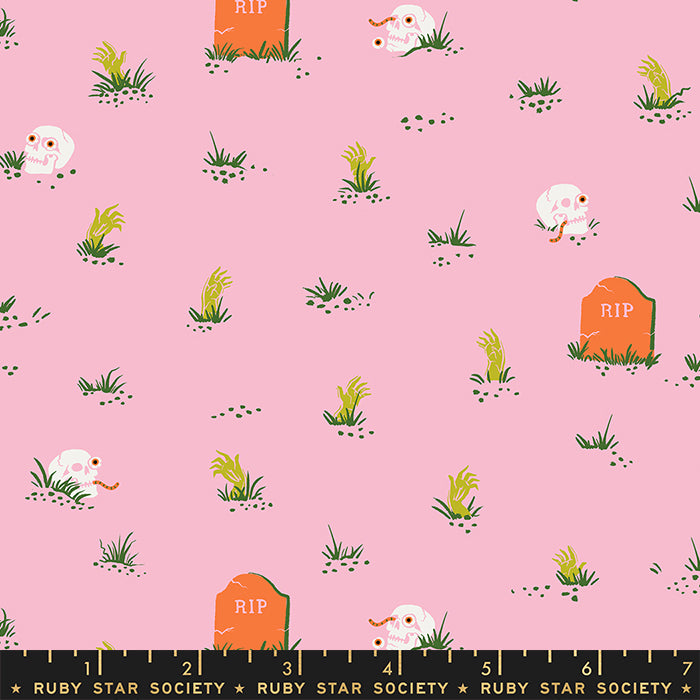 Cotton quilting fabric pattern called 'Graveyard in Peony Glow in the Dark'. Part of the 'Tiny Frights' fabric collection. Designed by Ruby Star Society for fabric company Moda Fabrics. SKU: RS5122 12G. 44-45 inch width.