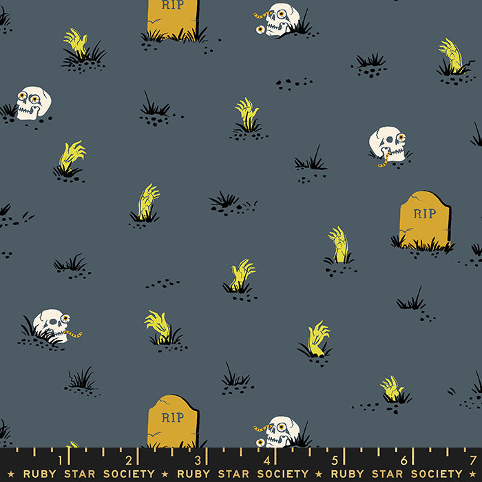 Cotton quilting fabric pattern called 'Graveyard in Ghostly Glow in the Dark'. Part of the 'Tiny Frights' fabric collection. Designed by Ruby Star Society for fabric company Moda Fabrics. SKU: RS5122 16G. 44-45 inch width.