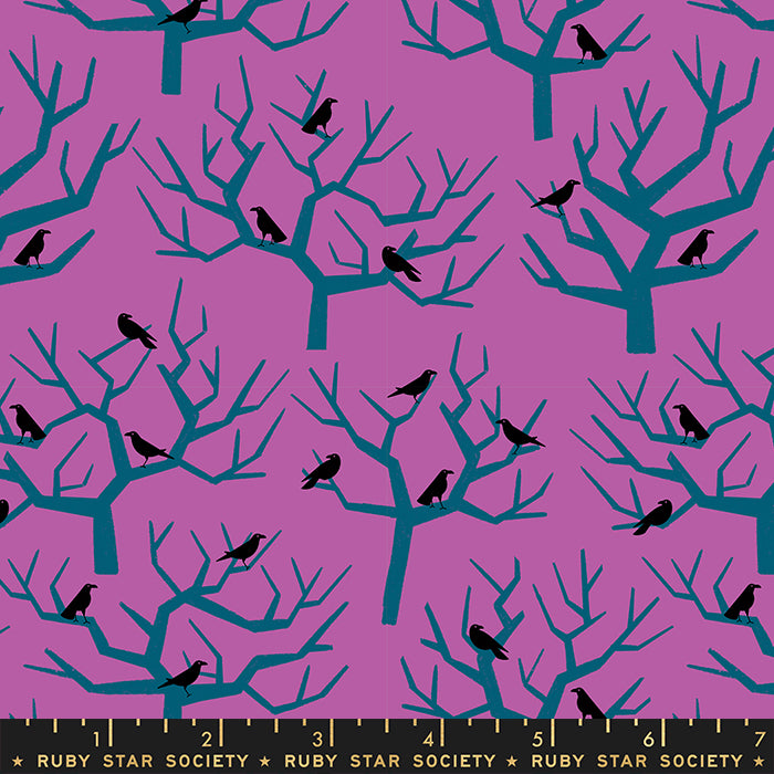 Cotton quilting fabric pattern called 'The Birds in Witchy'. Part of the 'Tiny Frights' fabric collection. Designed by Ruby Star Society for fabric company Moda Fabrics. SKU: RS5123 13. 44-45 inch width.