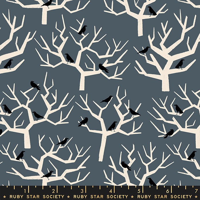 Cotton quilting fabric pattern called 'The Birds in Ghostly'. Part of the 'Tiny Frights' fabric collection. Designed by Ruby Star Society for fabric company Moda Fabrics. SKU: RS5123 14. 44-45 inch width.