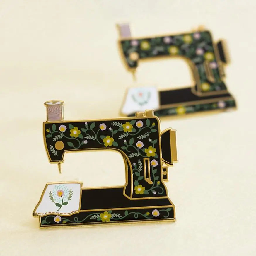 The Gray Muse - Floral Sewing Machine - Interactive Enamel Pin - Black