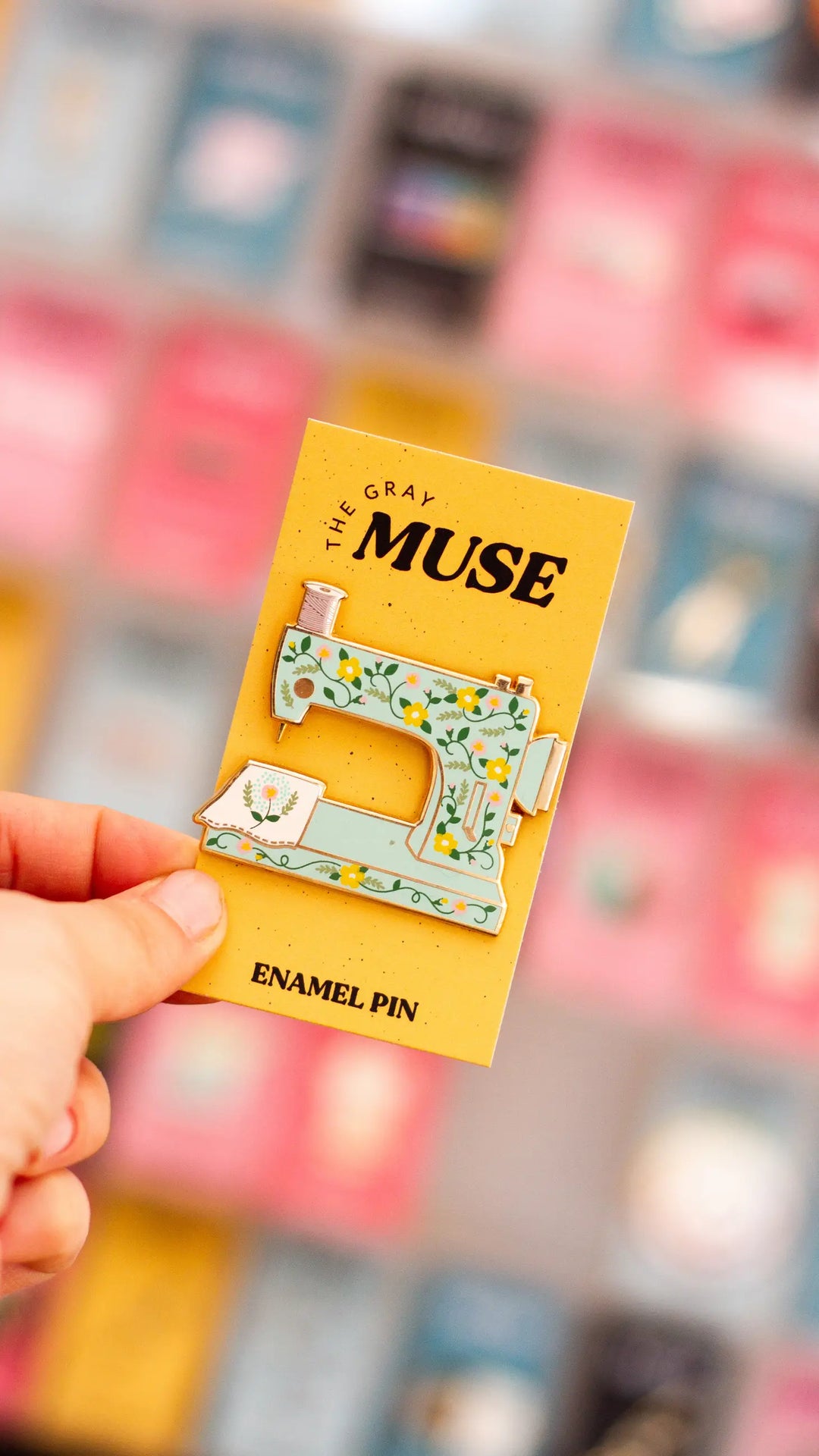 The Gray Muse - Floral Sewing Machine - Interactive Enamel Pin - Turquoise