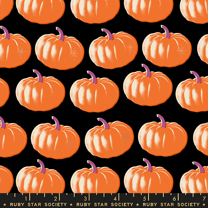 Cotton quilting fabric pattern called 'Pumpkins in Black'. Part of the 'Spooky Darlings' fabric collection. Designed by Ruby Star Society for fabric company Moda Fabrics. SKU: RS5075 14M. 44-45 inch width.