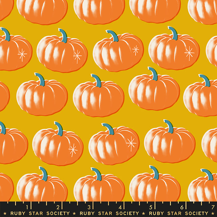 Cotton quilting fabric pattern called 'Pumpkins in Goldenrod'. Part of the 'Spooky Darlings' fabric collection. Designed by Ruby Star Society for fabric company Moda Fabrics. SKU: RS5075 11. 44-45 inch width.