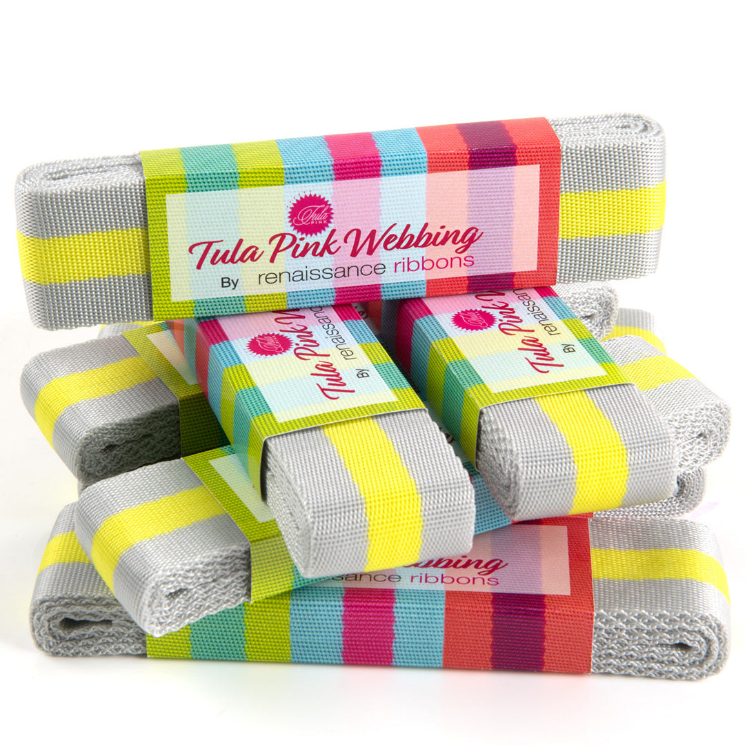 Renaissance Ribbons - Tula Pink Webbing - Tula Pink Webbing in Grey and Lime - TK-90 38mm col 3 - Two Yard Pack